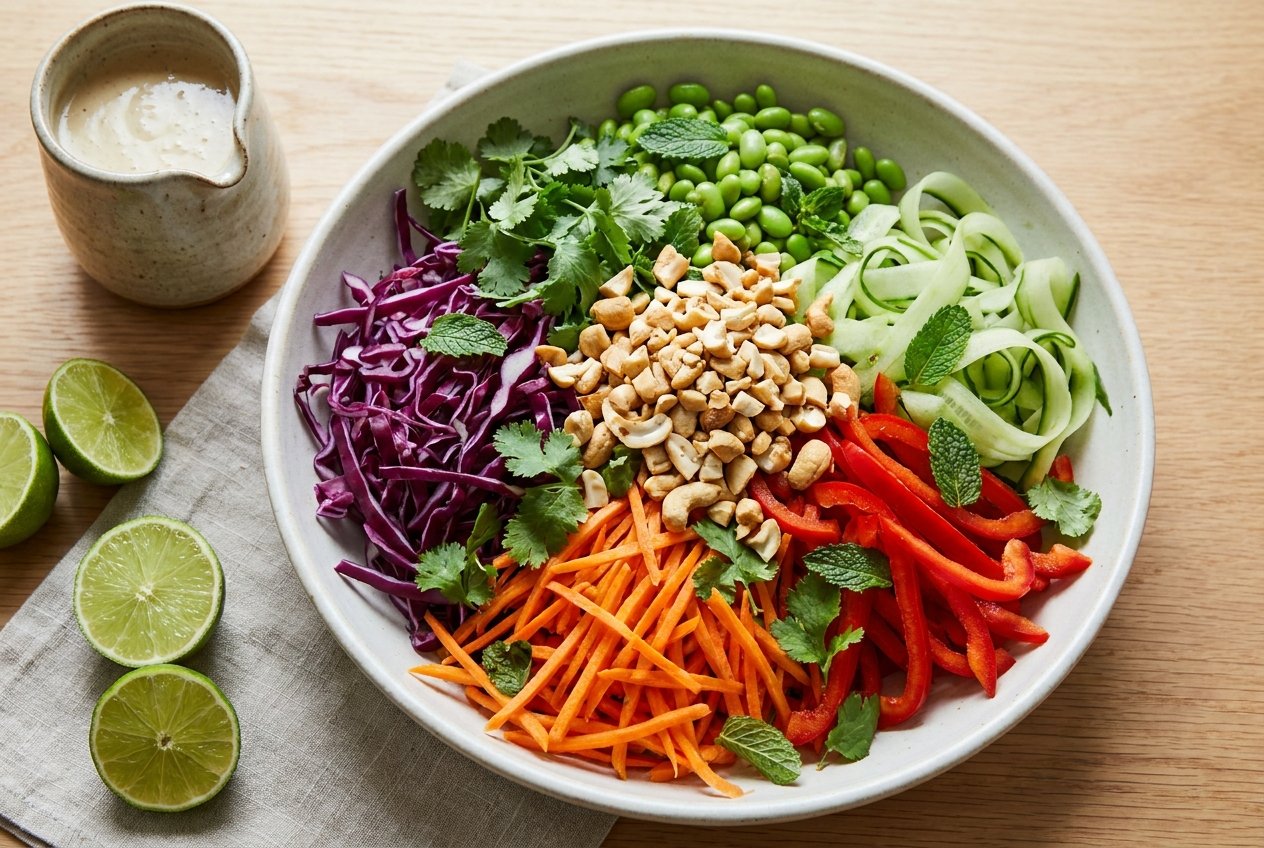 A wide bowl of rainbow Thai crunch salad with red and green cabbage, carrot, bell pepper, cucumber, edamame, fresh herbs and roasted cashews.