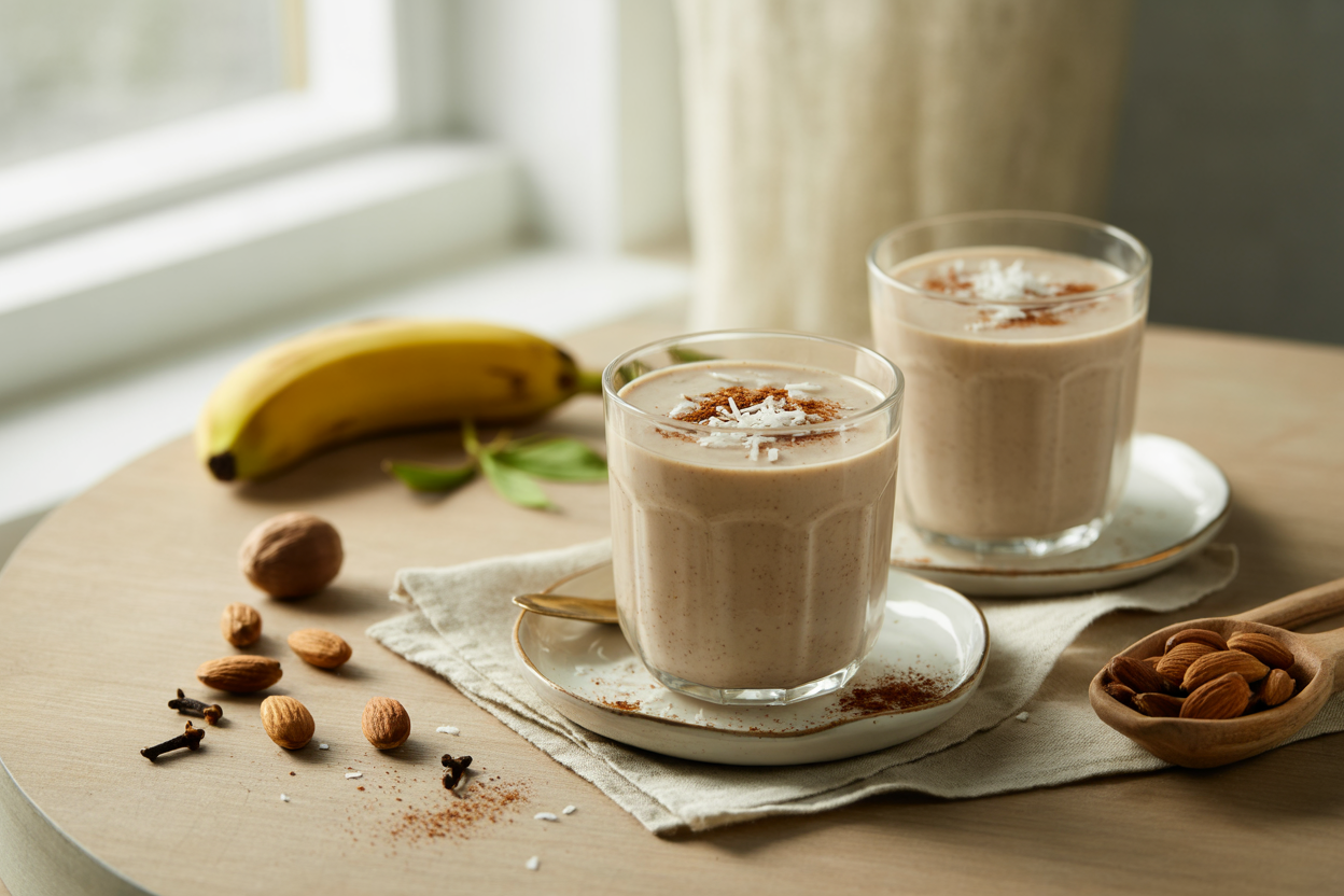 Raw almond nog with nutmeg, coconut and banana