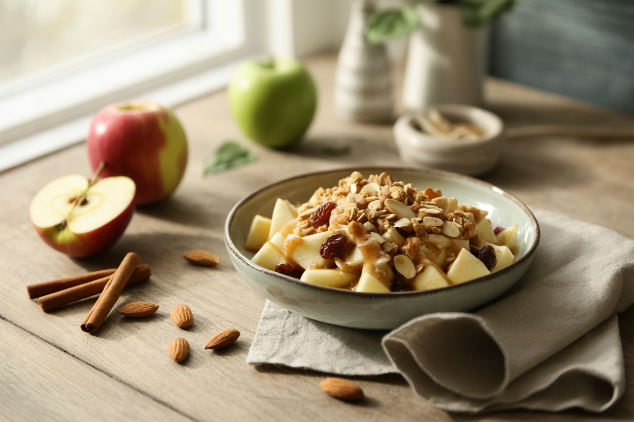 Raw apple crisp salad with oats, almonds and raisins