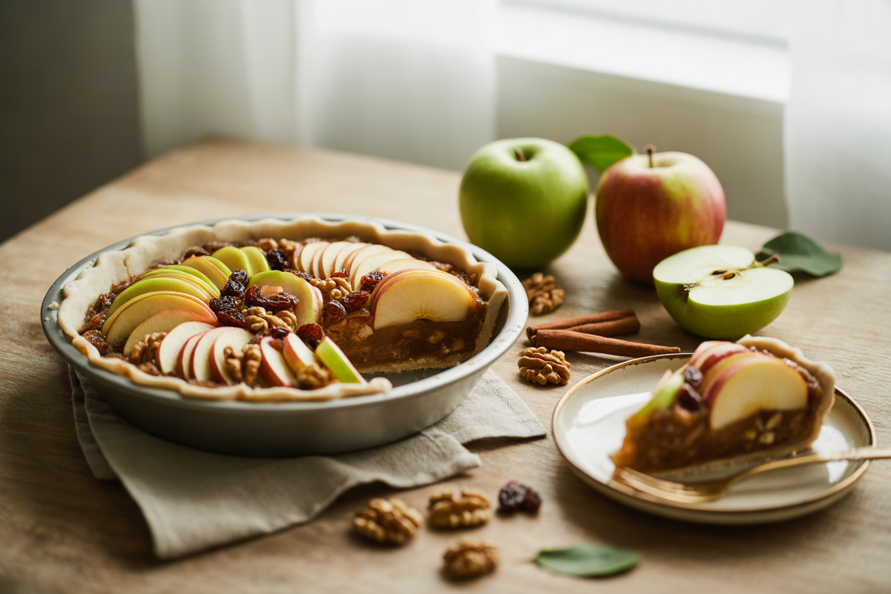 Raw apple pie with walnut date crust and cinnamon apple filling