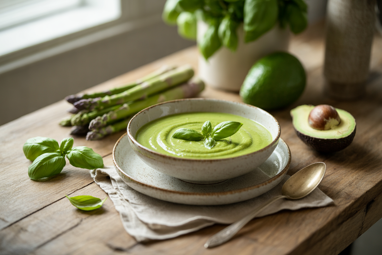 Raw asparagus and basil soup