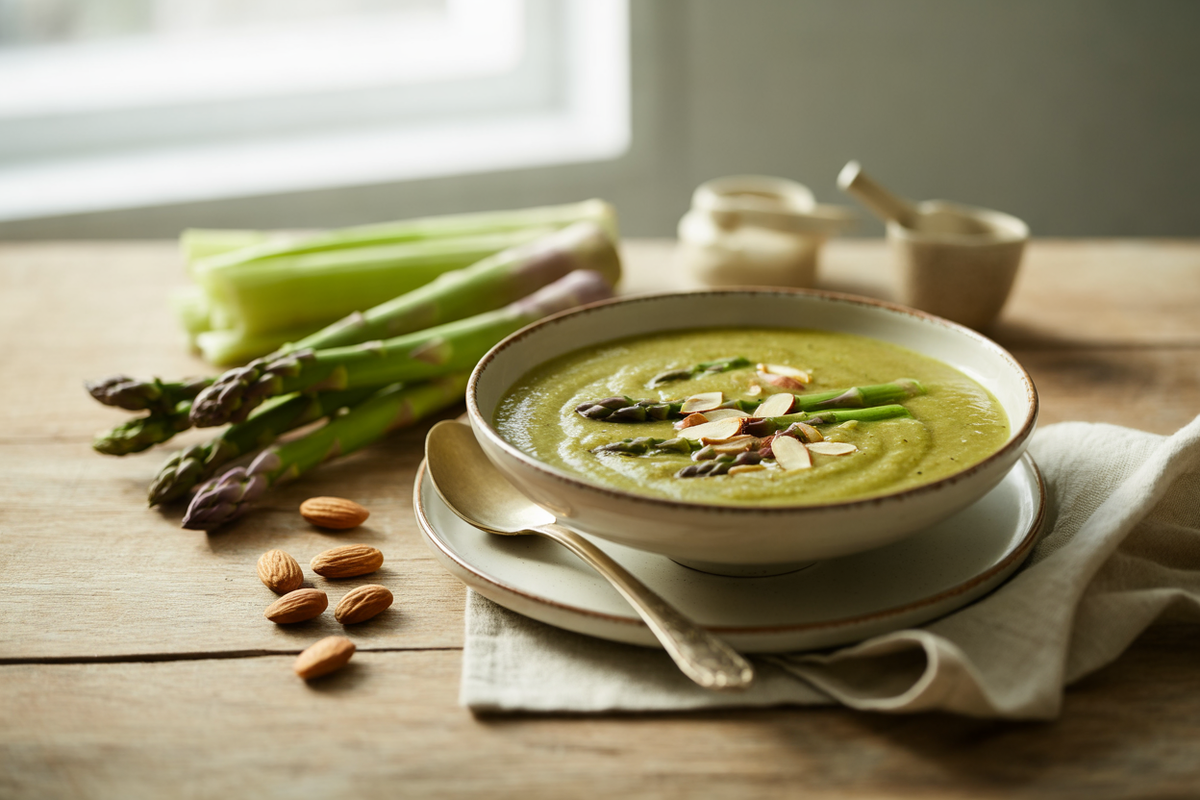 Raw asparagus soup with almonds
