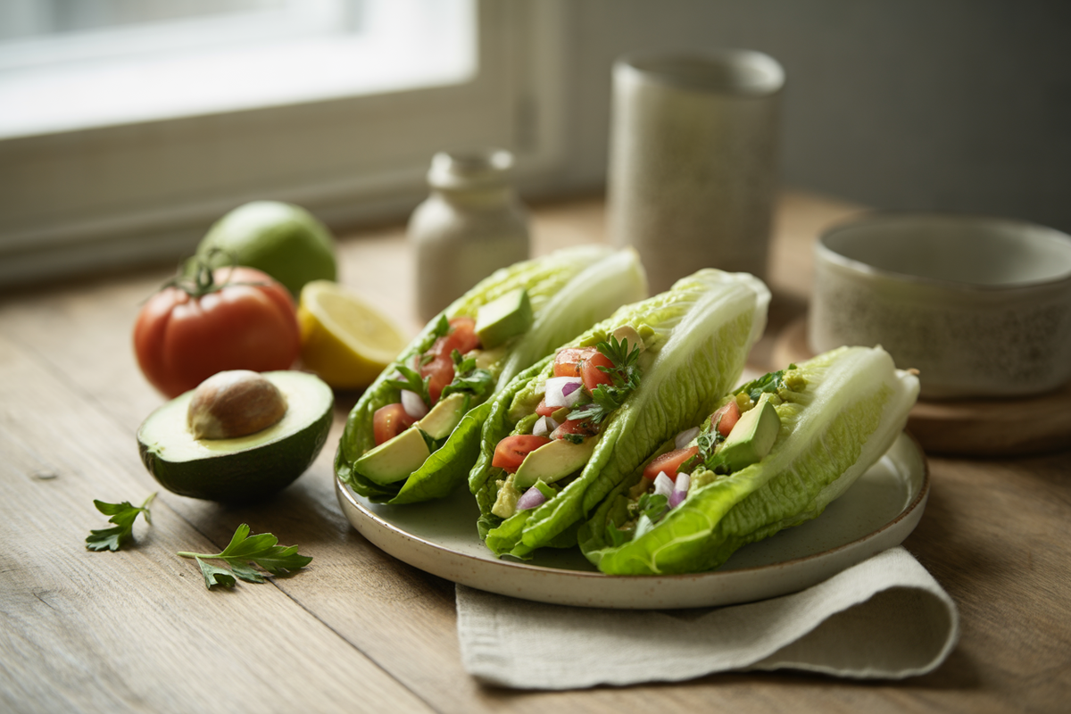Raw lettuce burritos with avocado, tomato and parsley filling