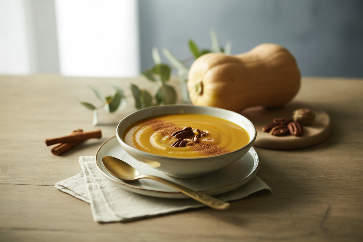 Raw butternut squash soup with pecans and cinnamon