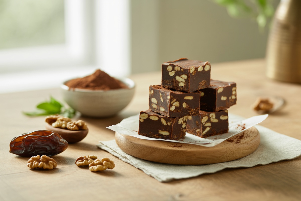 Squares of raw carob fudge with oats and chopped walnuts