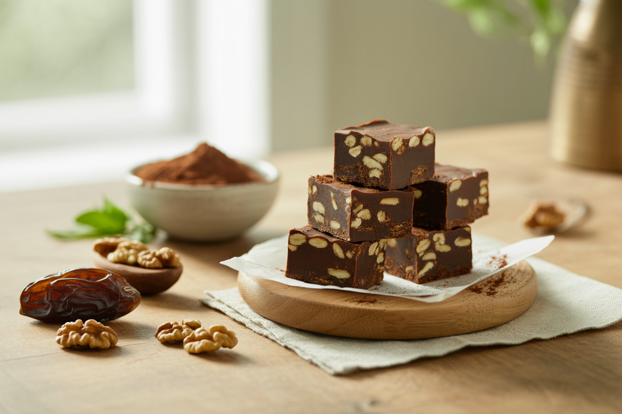 Squares of raw carob fudge with oats and chopped walnuts