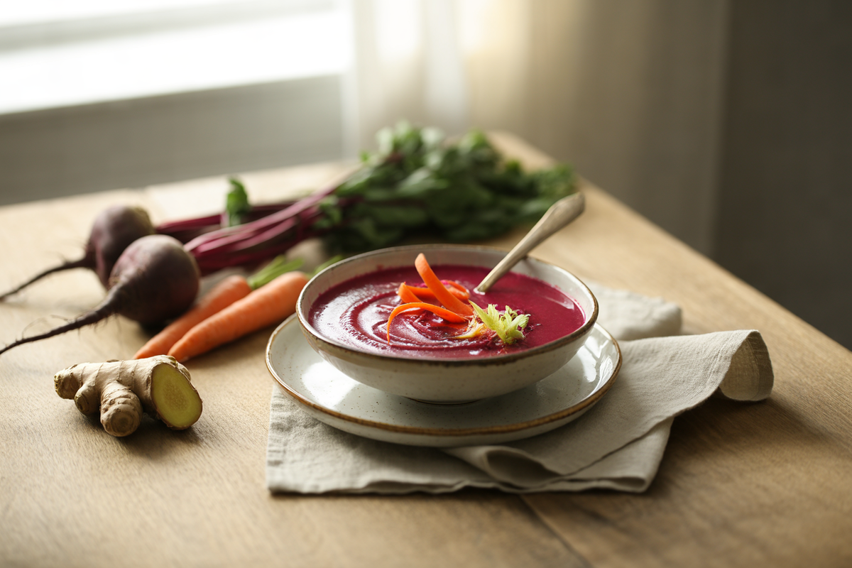 Raw carrot beet soup with ginger