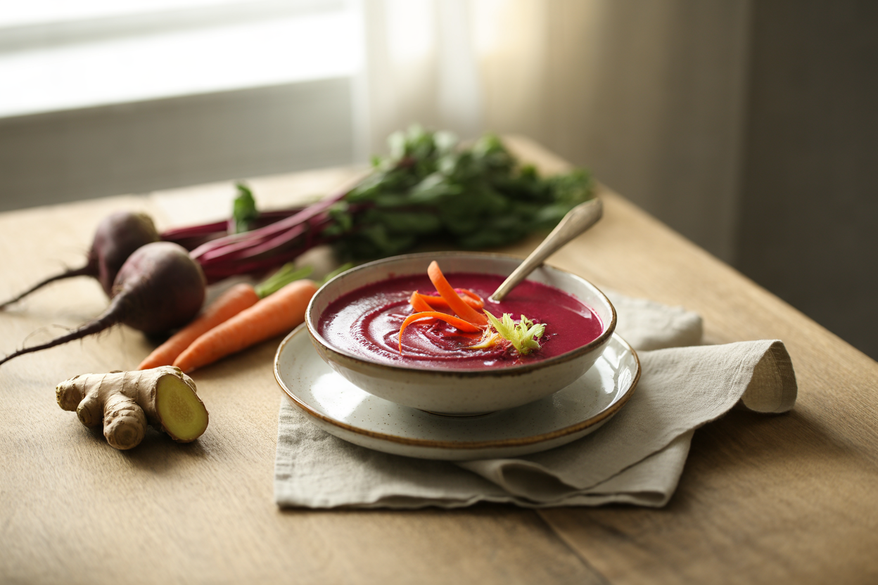 Raw carrot beet soup with ginger