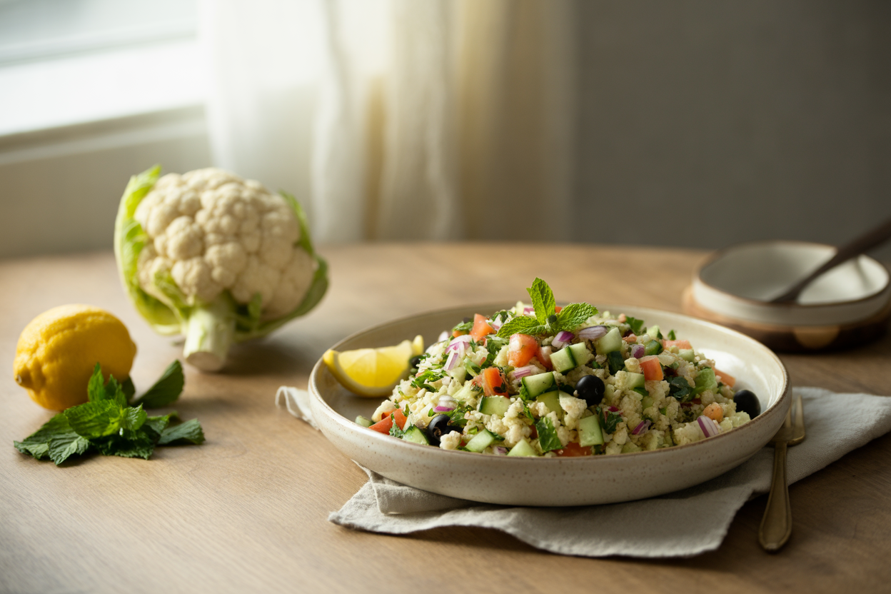 Raw cauliflower tabouli with parsley and mint
