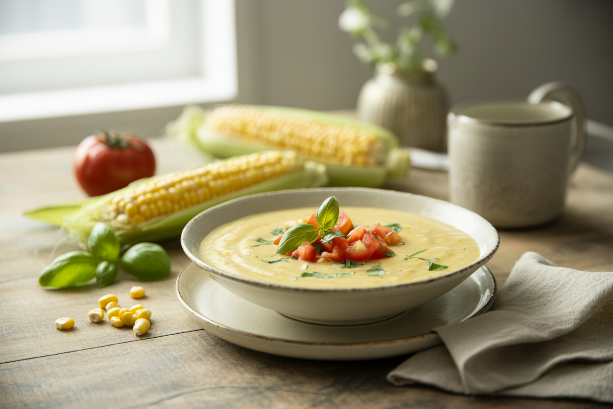 Raw corn chowder garnished with diced tomato and basil