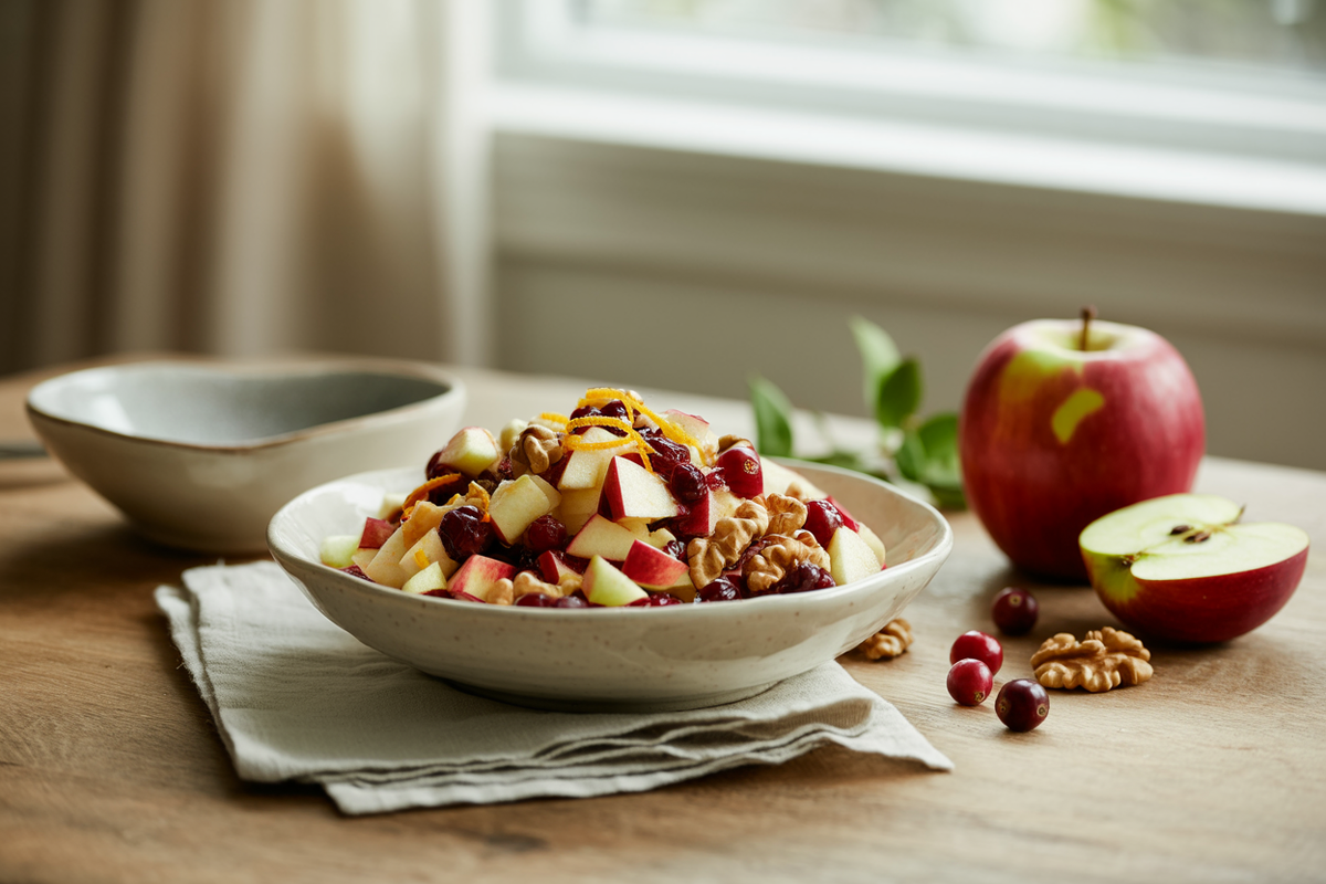 Raw cranberry apple salad with chopped walnuts and orange zest