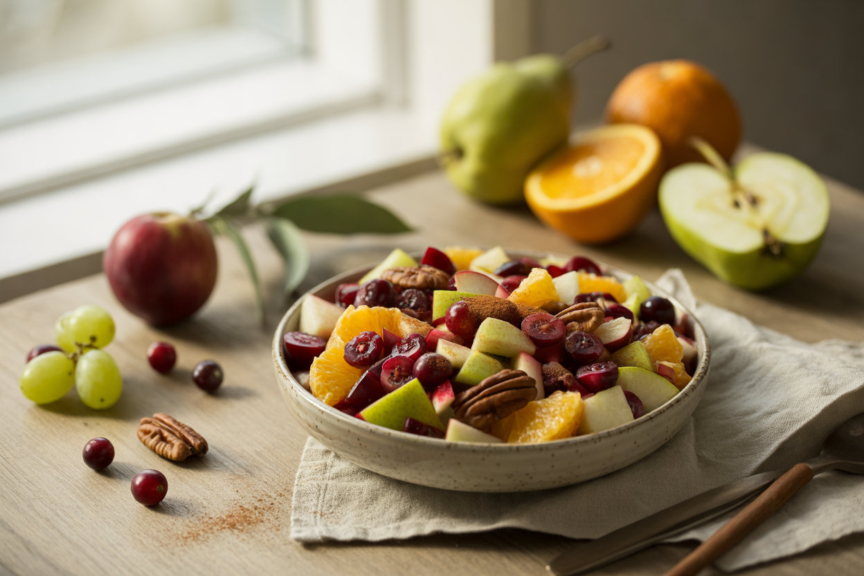 Raw cranberry fruit salad with orange, apple, pear, grapes and pecans