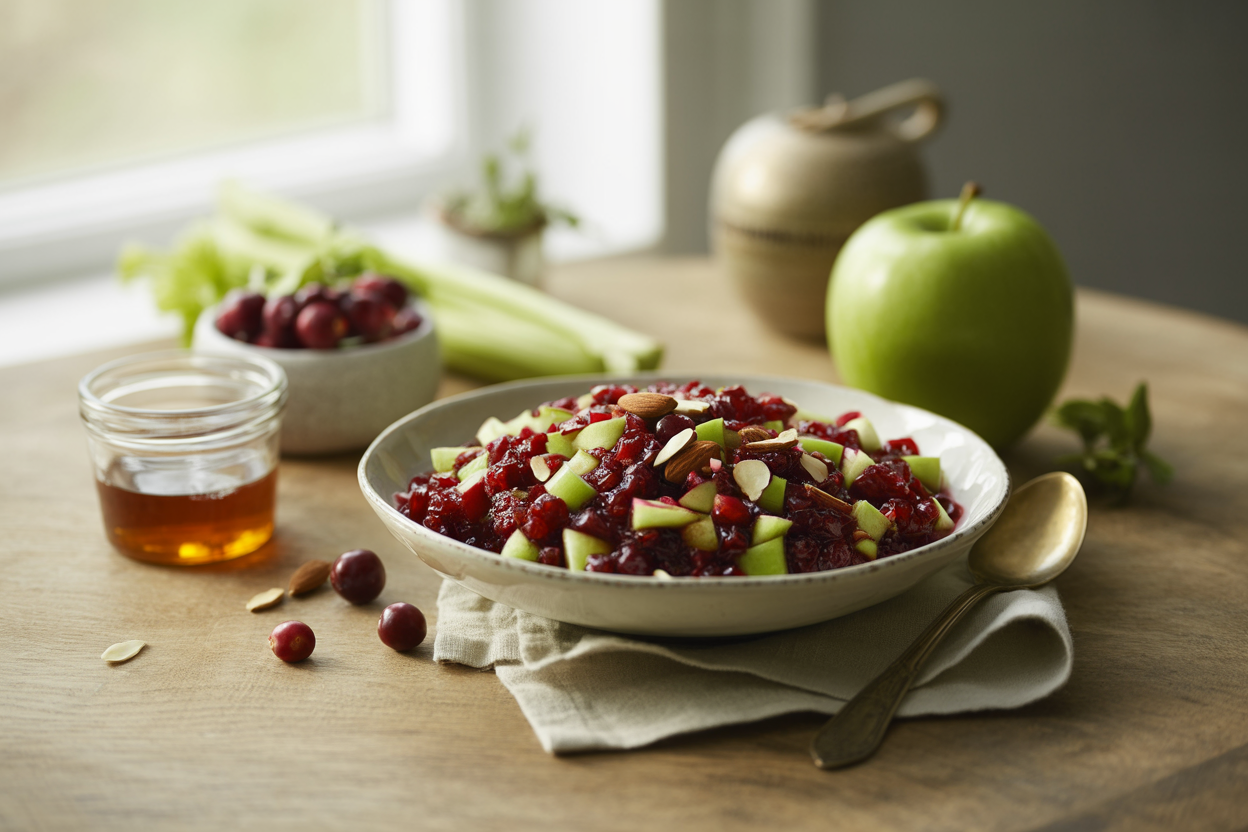 Raw cranberry sauce with green apple, celery and slivered almonds