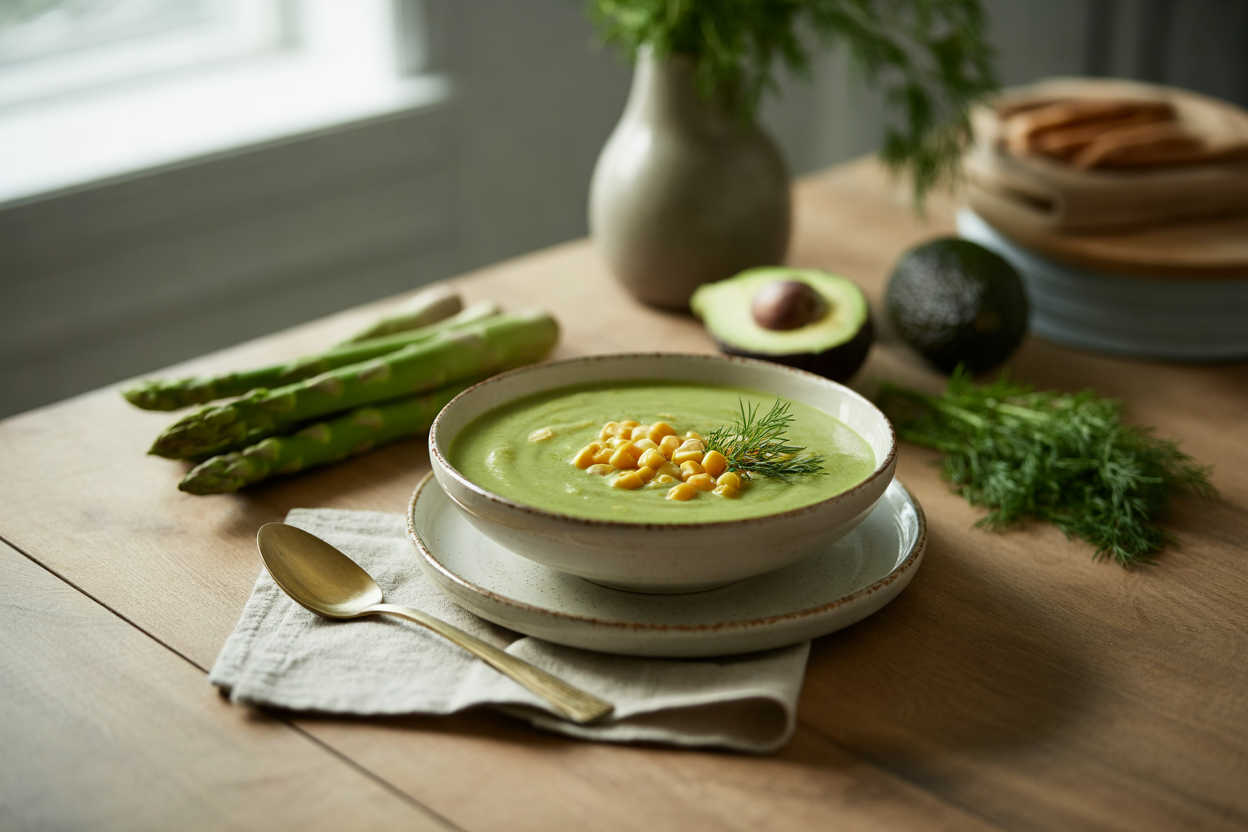 Raw cream of asparagus soup with corn and dill