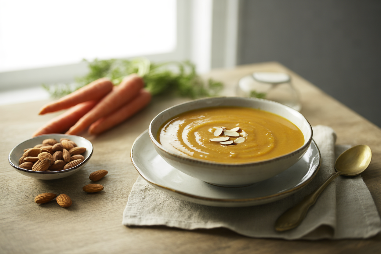 Raw cream of carrot soup with almonds