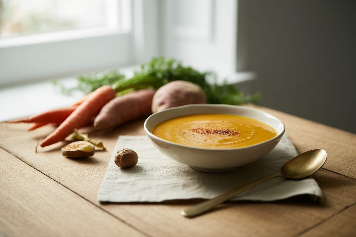 Cream of carrot sweet potato soup topped with grated nutmeg