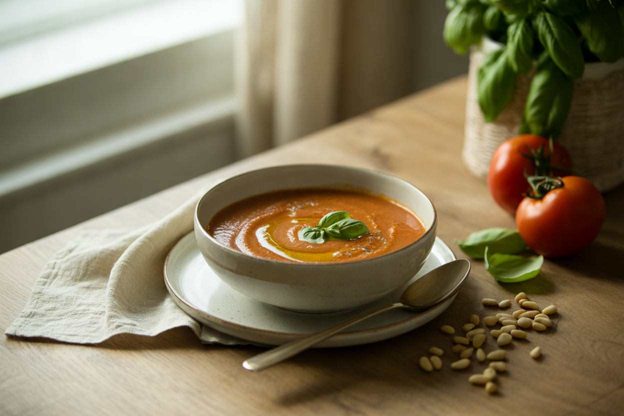 Raw creamy tomato soup with basil