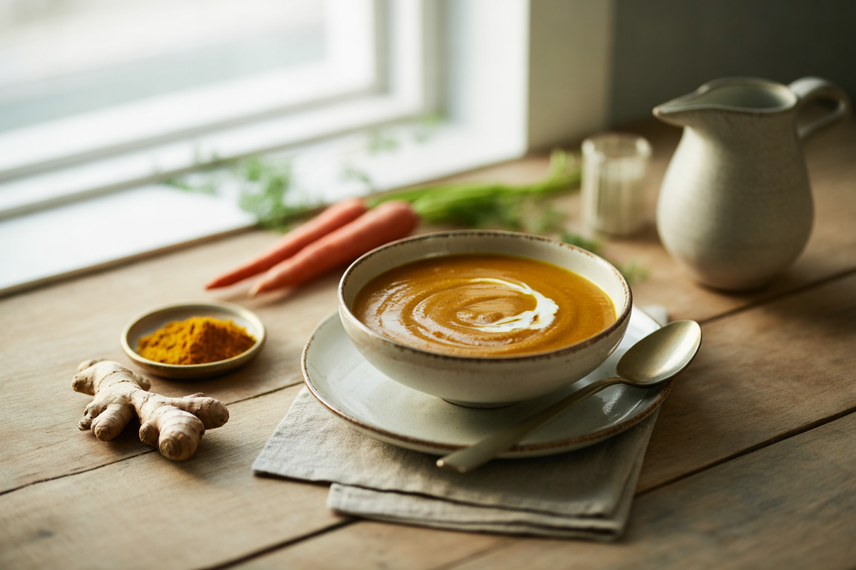 Raw curried carrot soup with almond milk swirl