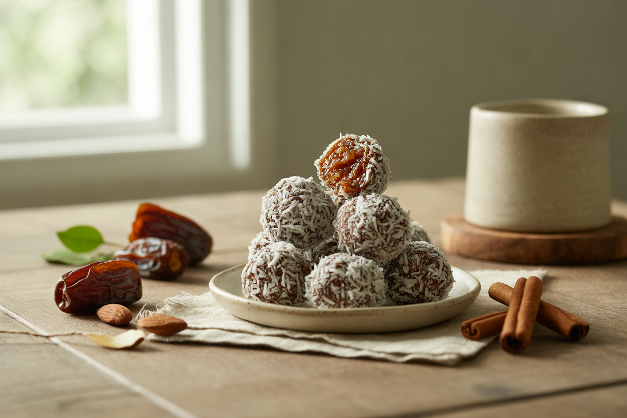 Raw date and nut balls rolled in coconut