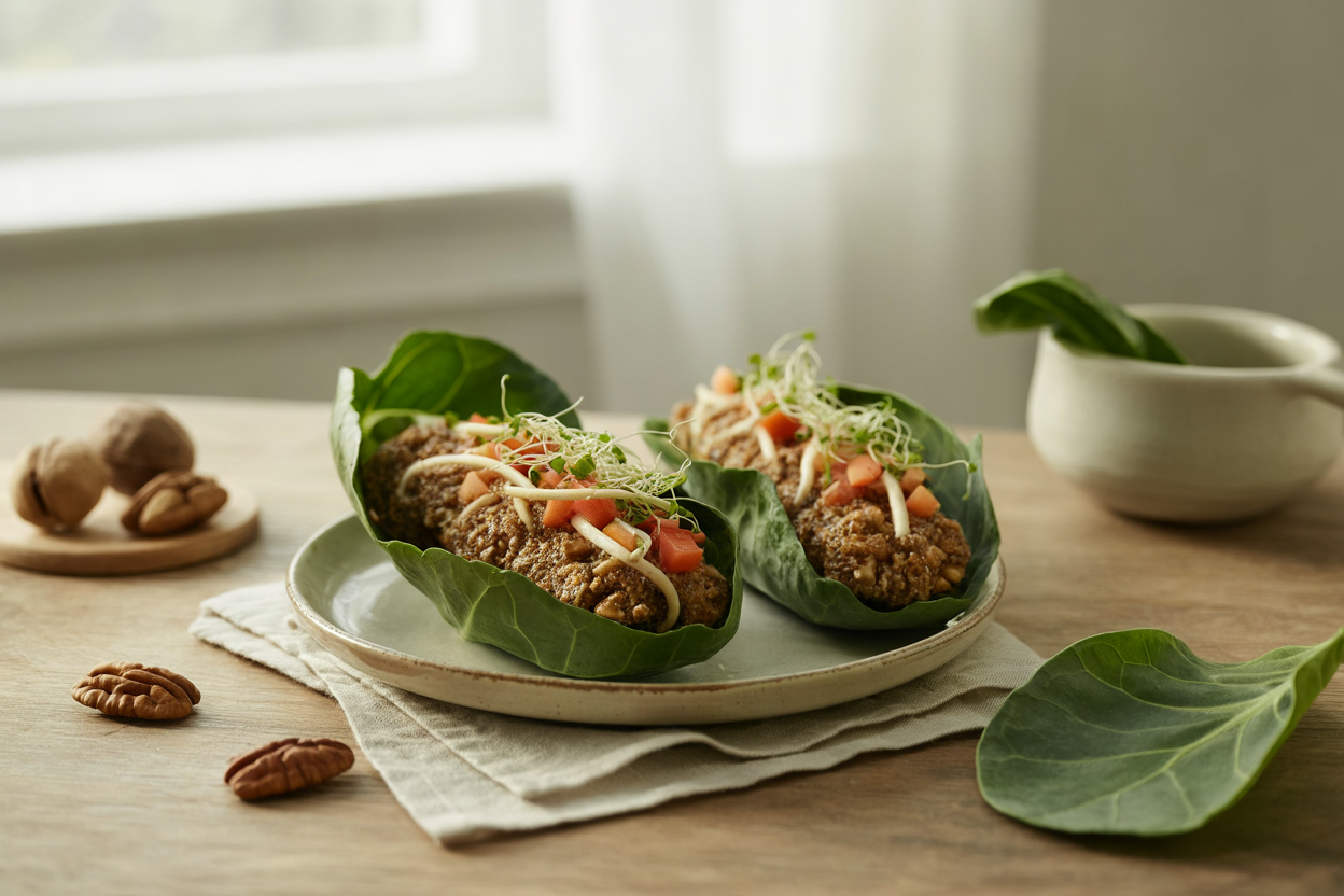 Raw pecan and walnut dogs in collard wraps