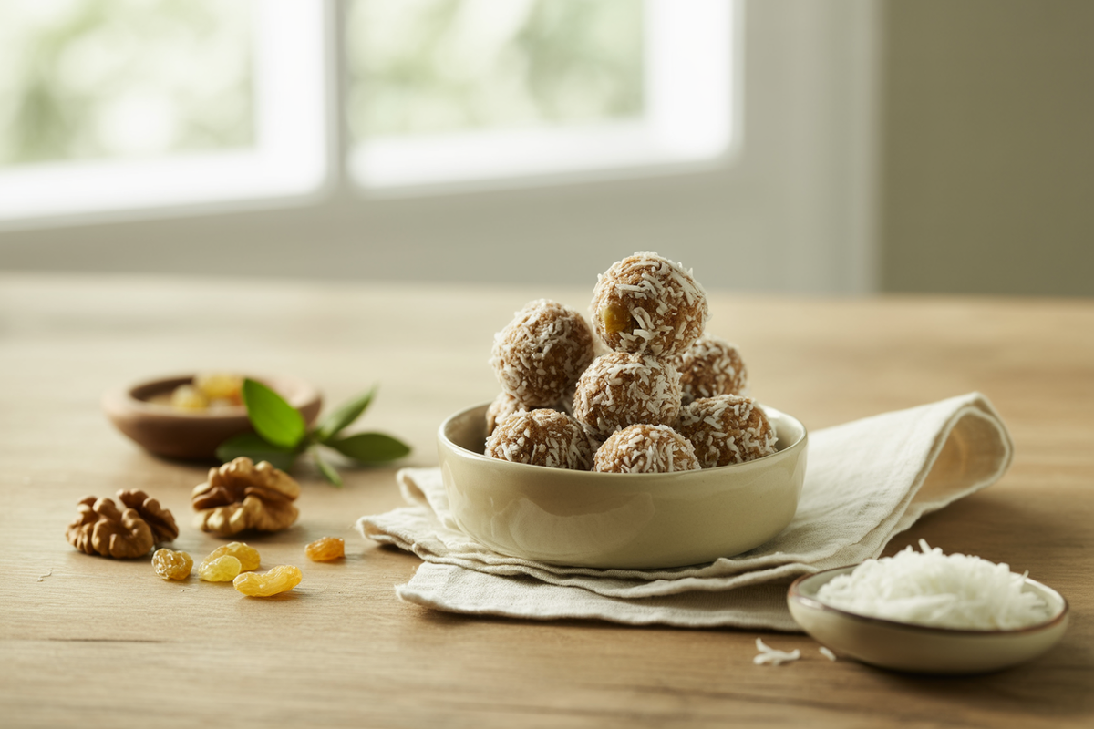 Raw energy balls rolled in shredded coconut with walnuts and raisins