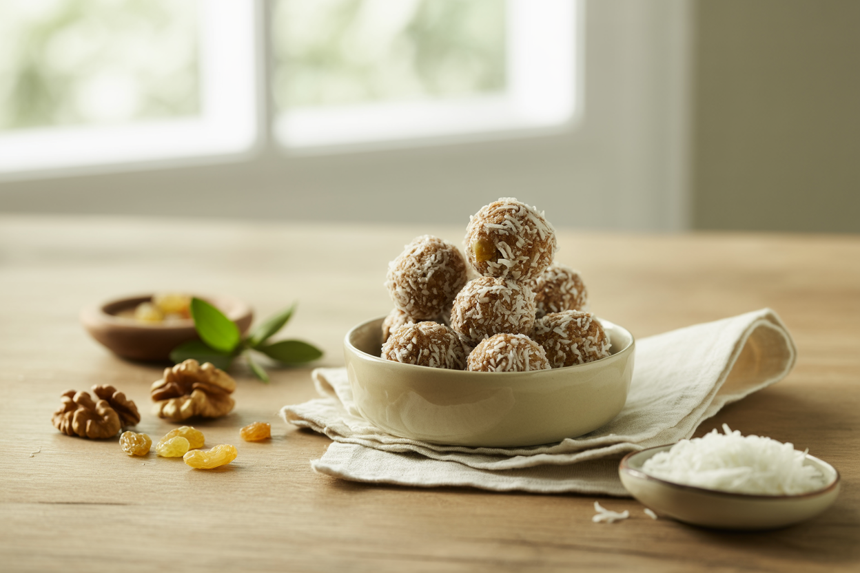Raw energy balls rolled in shredded coconut with walnuts and raisins
