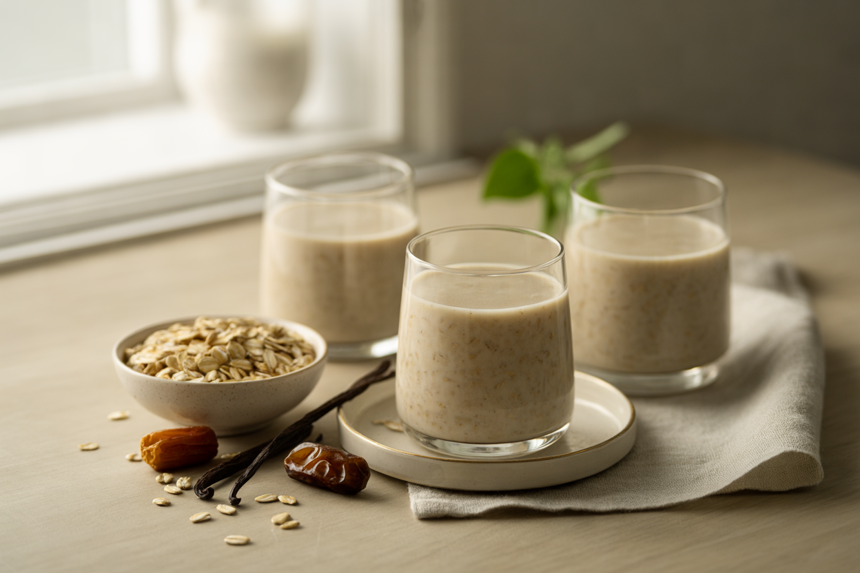 Homemade raw oat milks with oat groats, dates and vanilla