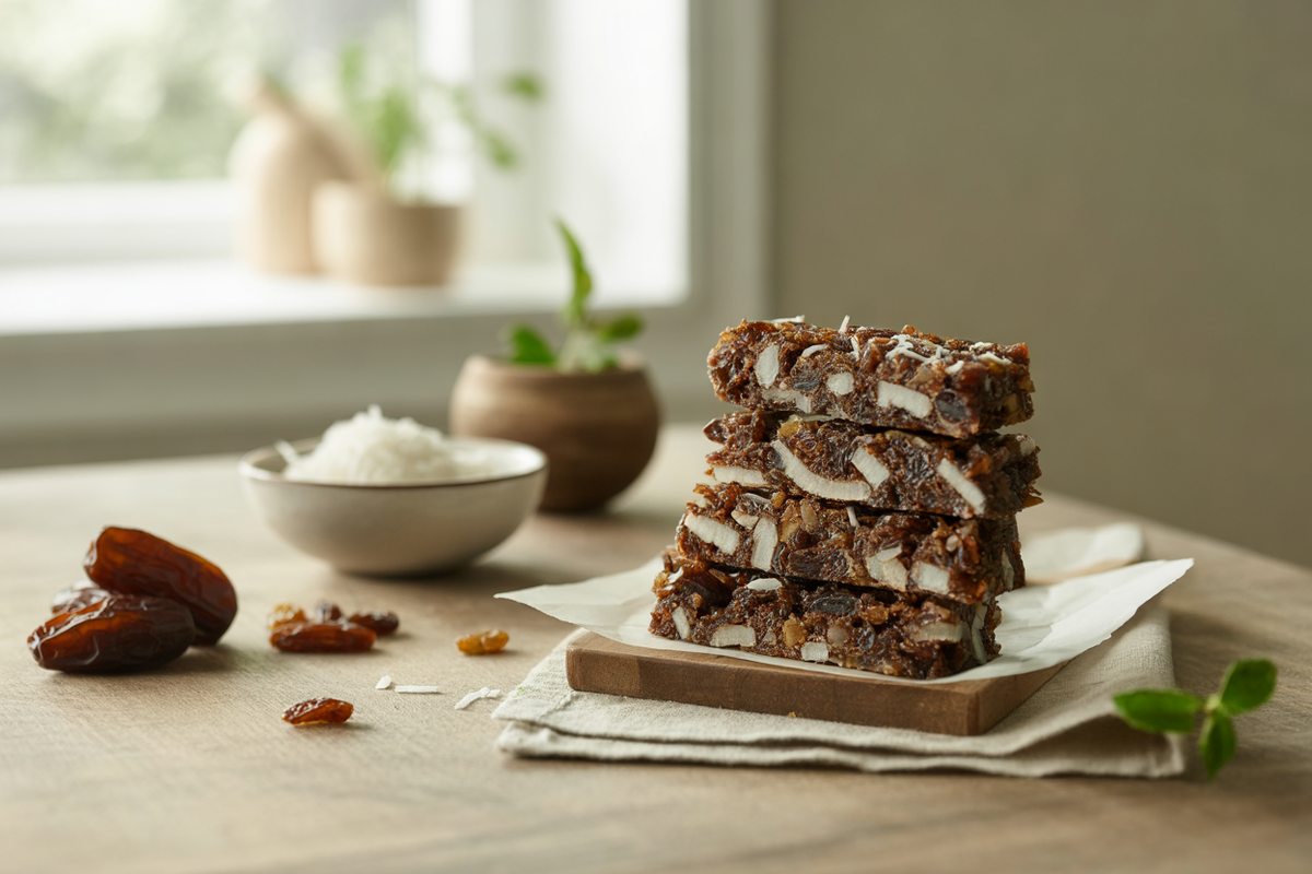 Raw raisin, date and flax fruit bars with coconut