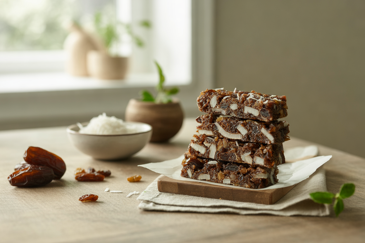 Raw raisin, date and flax fruit bars with coconut