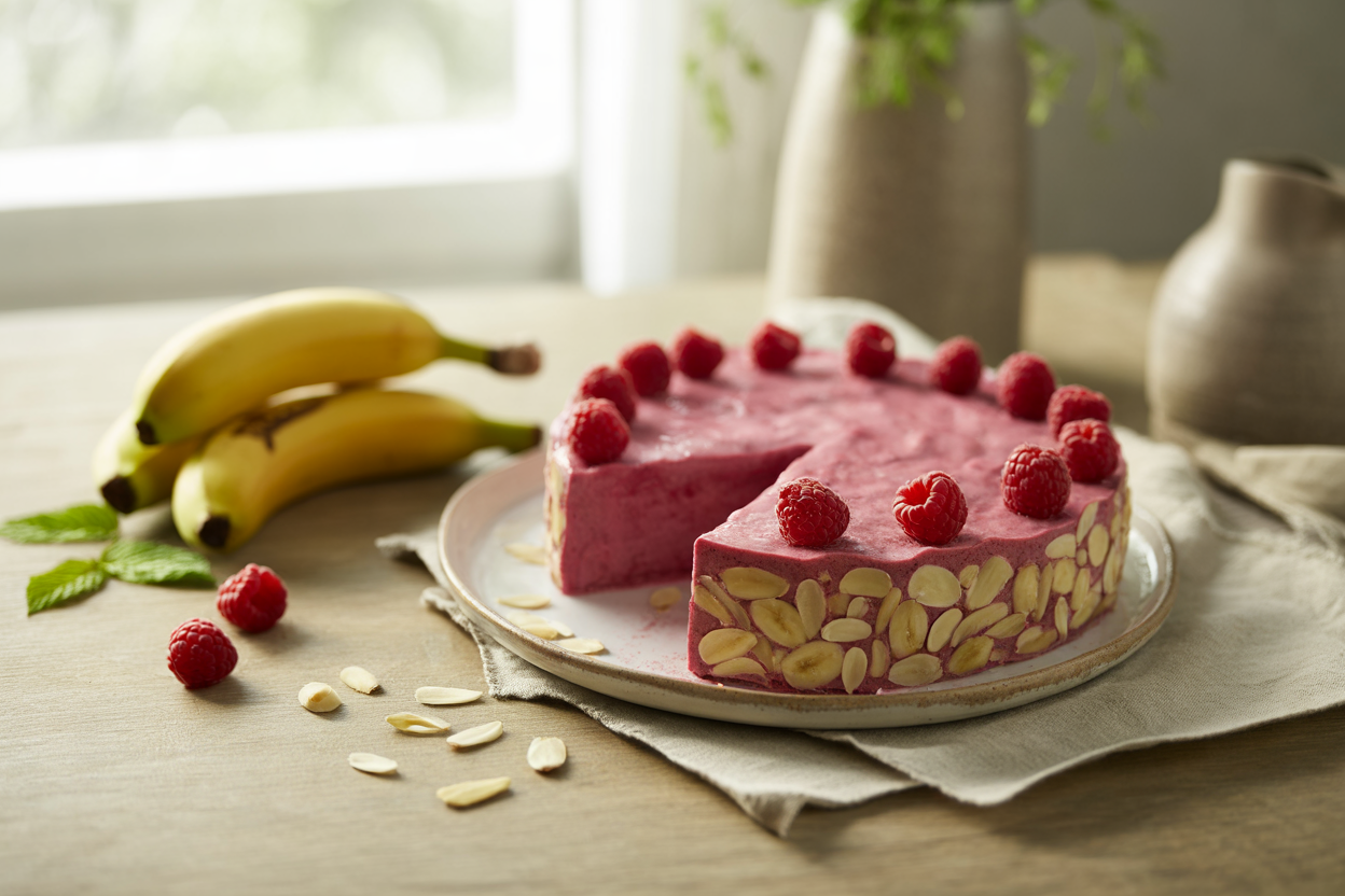 Raw frozen sweetheart cake with raspberries, bananas and almonds