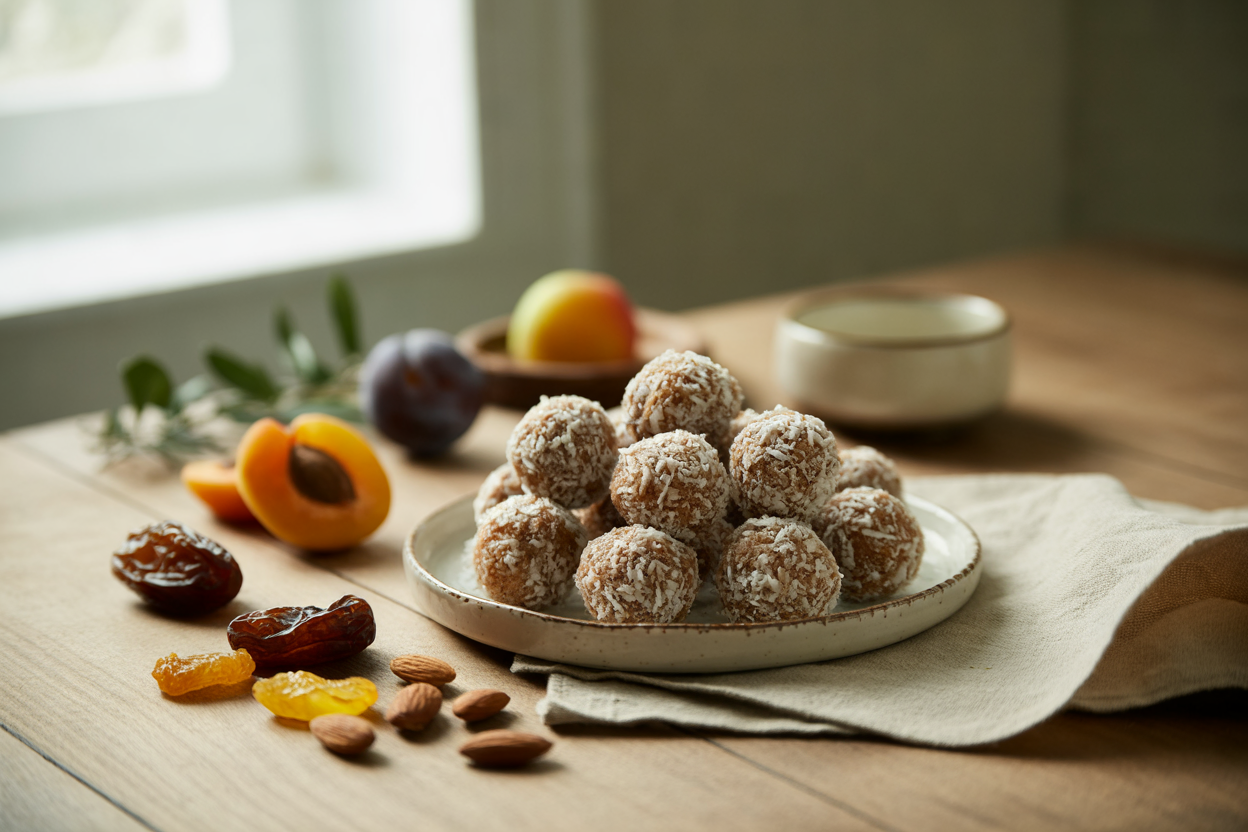 Raw fruit and nut sugar plums rolled in coconut