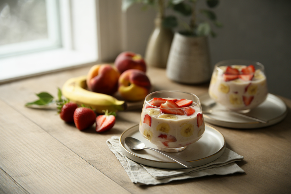 Raw fruit pudding with peaches and strawberries