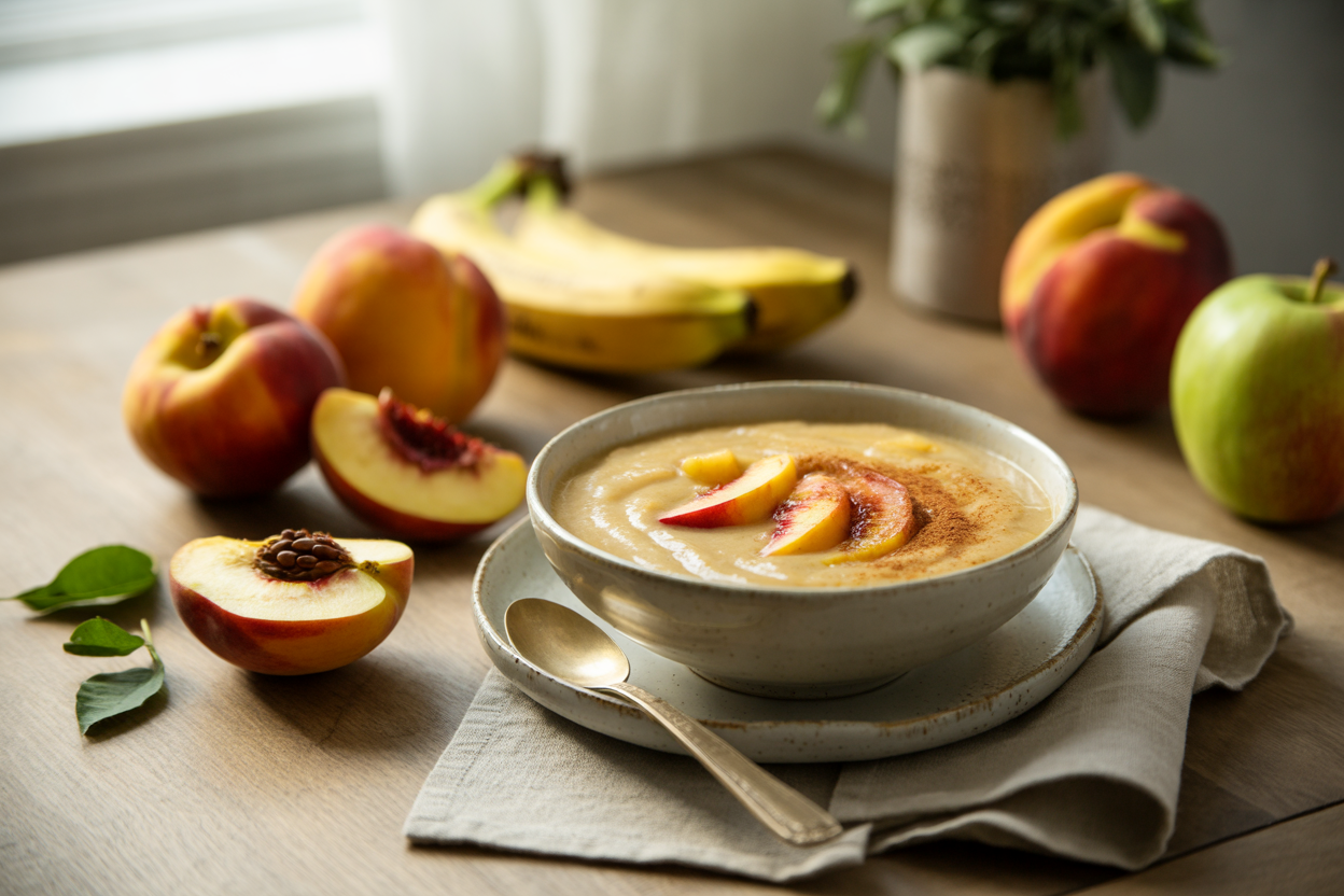 Raw fruit soup with peaches and cinnamon