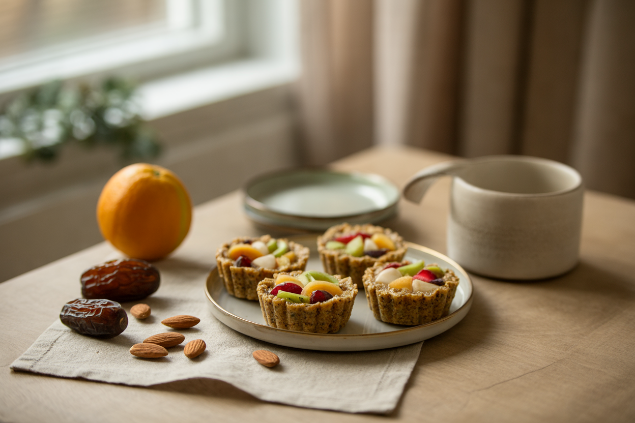 Raw fruit tarts with nut date crust