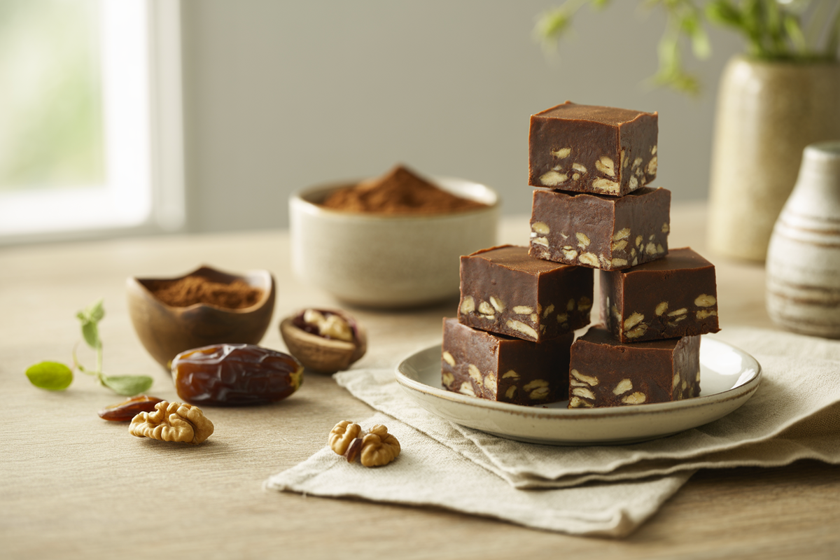 Squares of raw carob fudge with chopped walnuts on a white plate