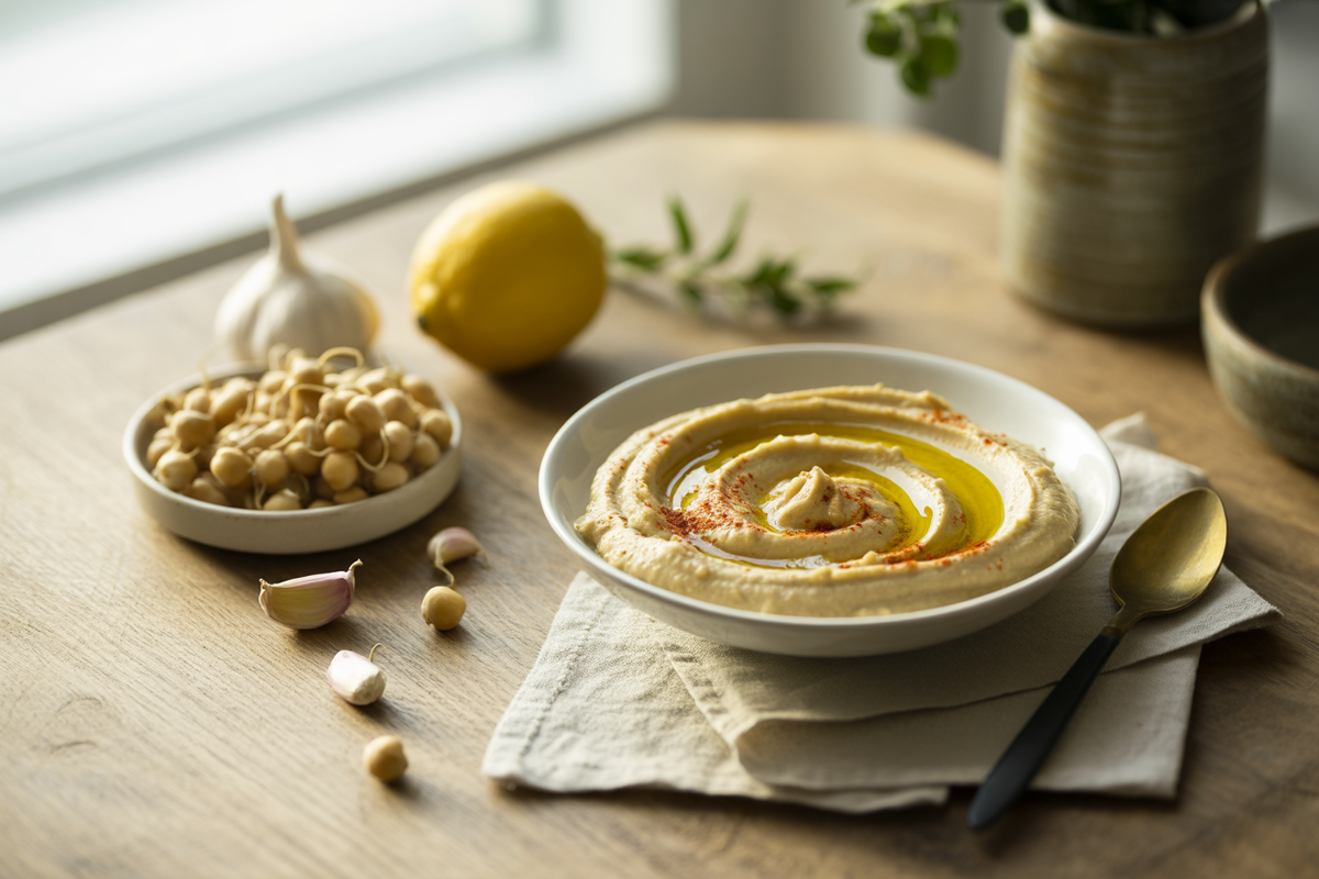 Raw sprouted garbanzo bean hummus with olive oil and paprika