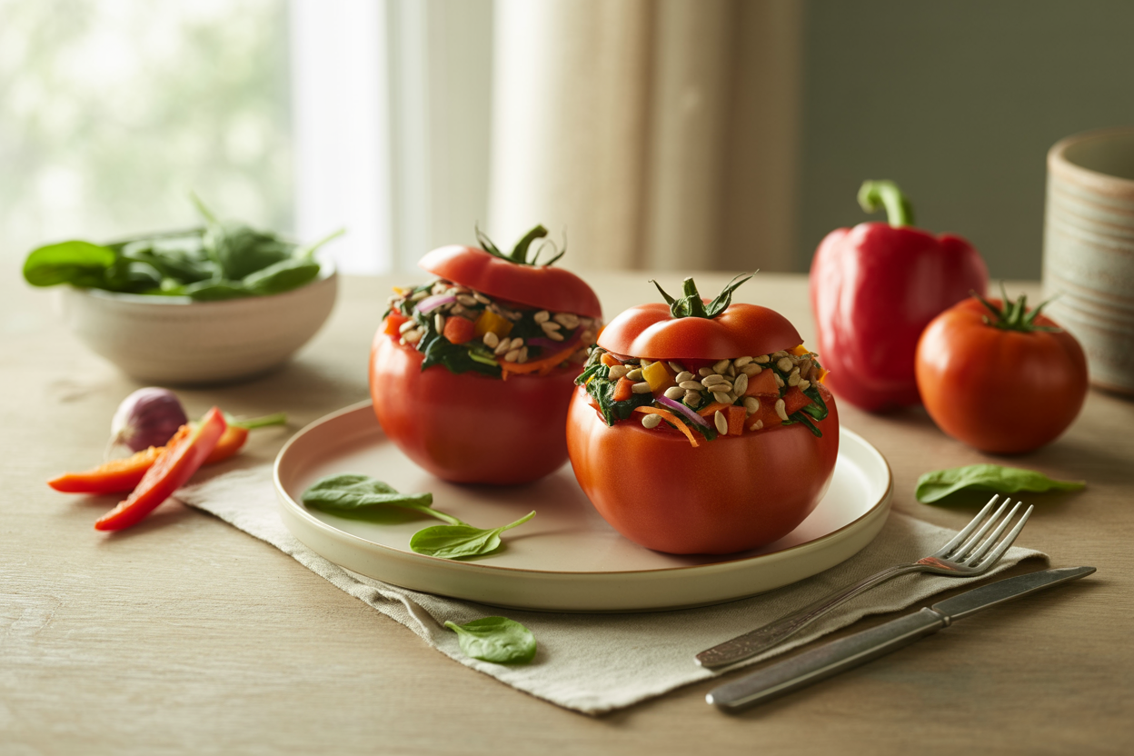 Raw stuffed tomatoes filled with sunflower seeds, red pepper, carrot and spinach