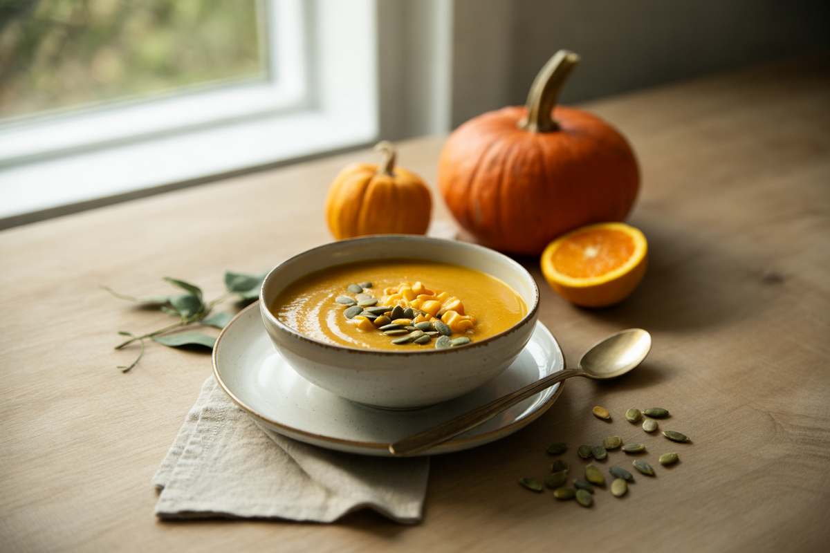Raw harvest pumpkin soup with pumpkin seeds