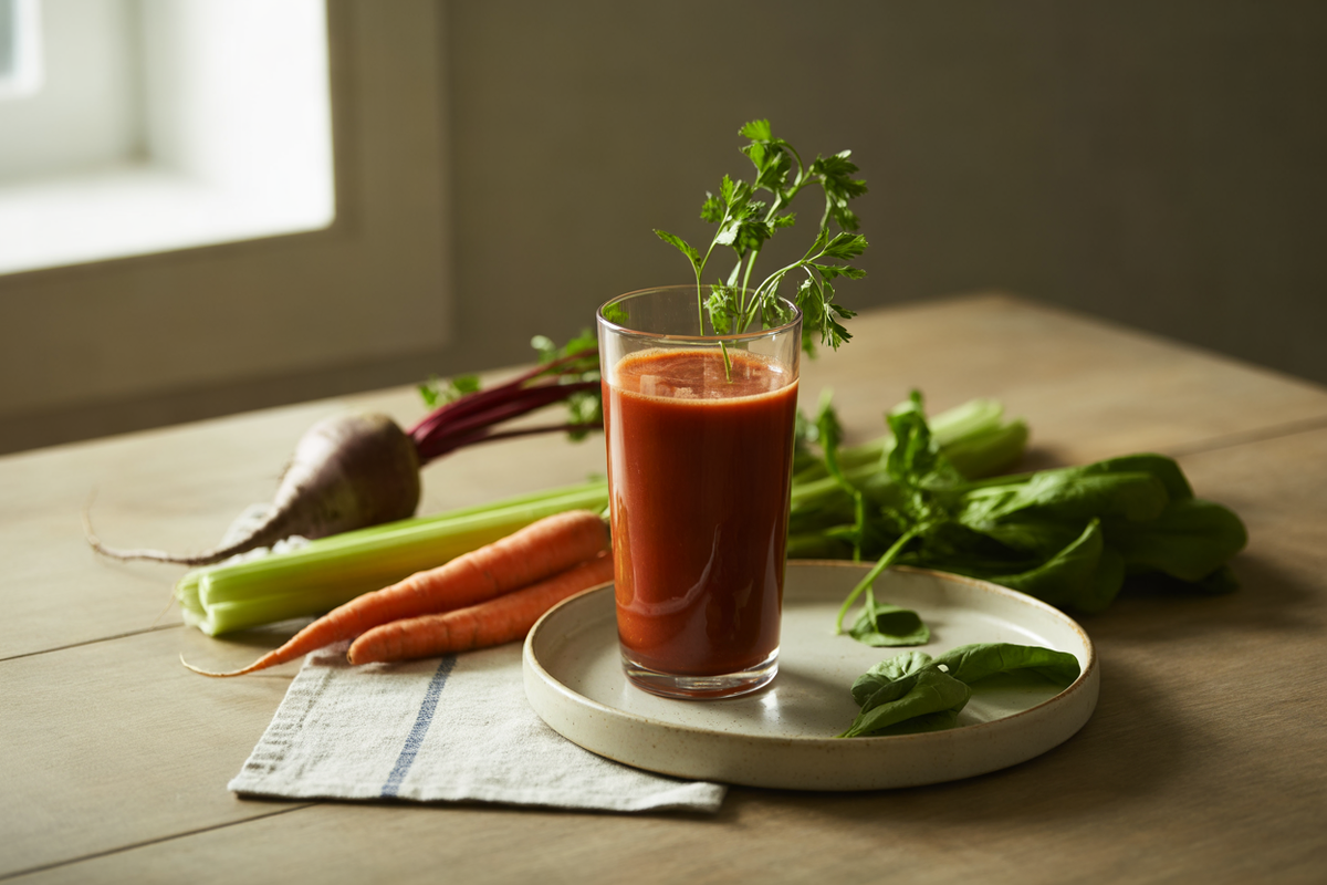 Heart-healthy vegetable juice with carrots, celery, beet, parsley and spinach