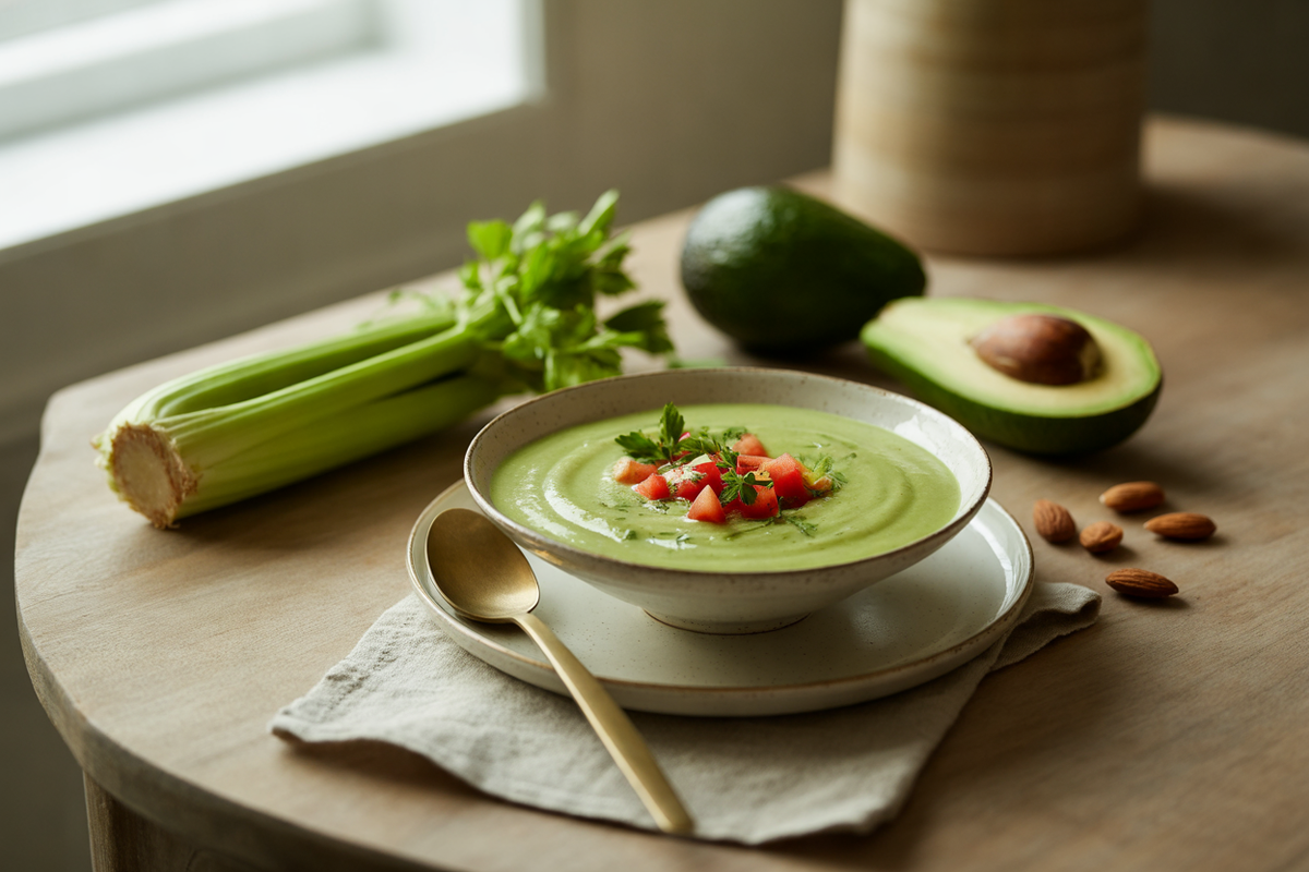 Raw holiday celery soup with tomato and parsley