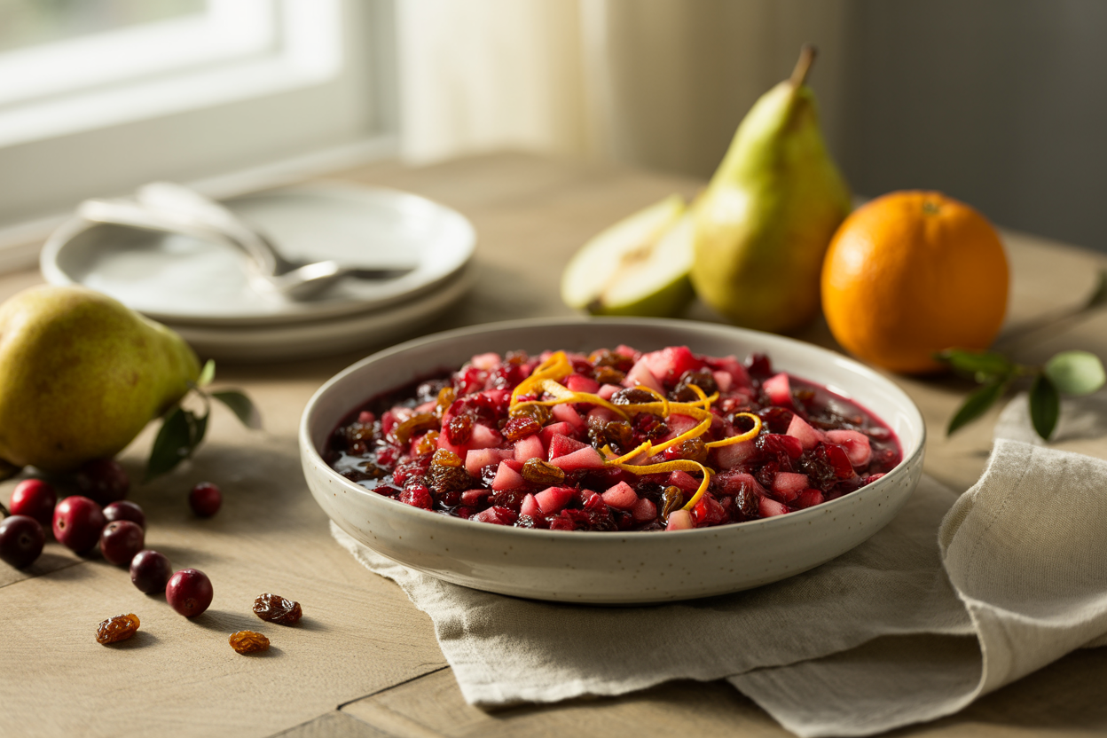 Raw holiday cranberry sauce with chopped cranberries, pear and orange