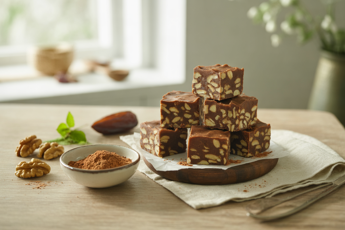 Raw holiday carob fudge with oats, almond butter and walnuts
