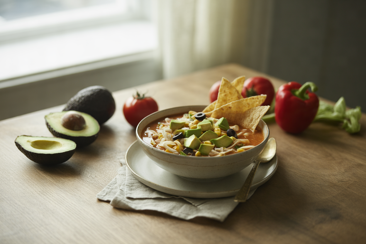 Raw tortilla soup with avocado, cabbage and corn