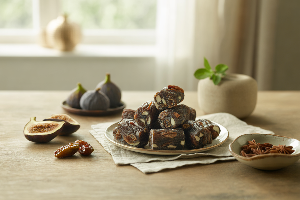 Raw licorice treats with figs, dates and anise