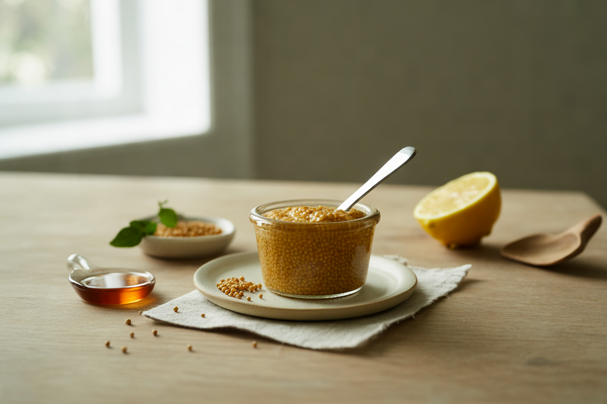 Homemade raw mustard with mustard seeds, lemon and honey
