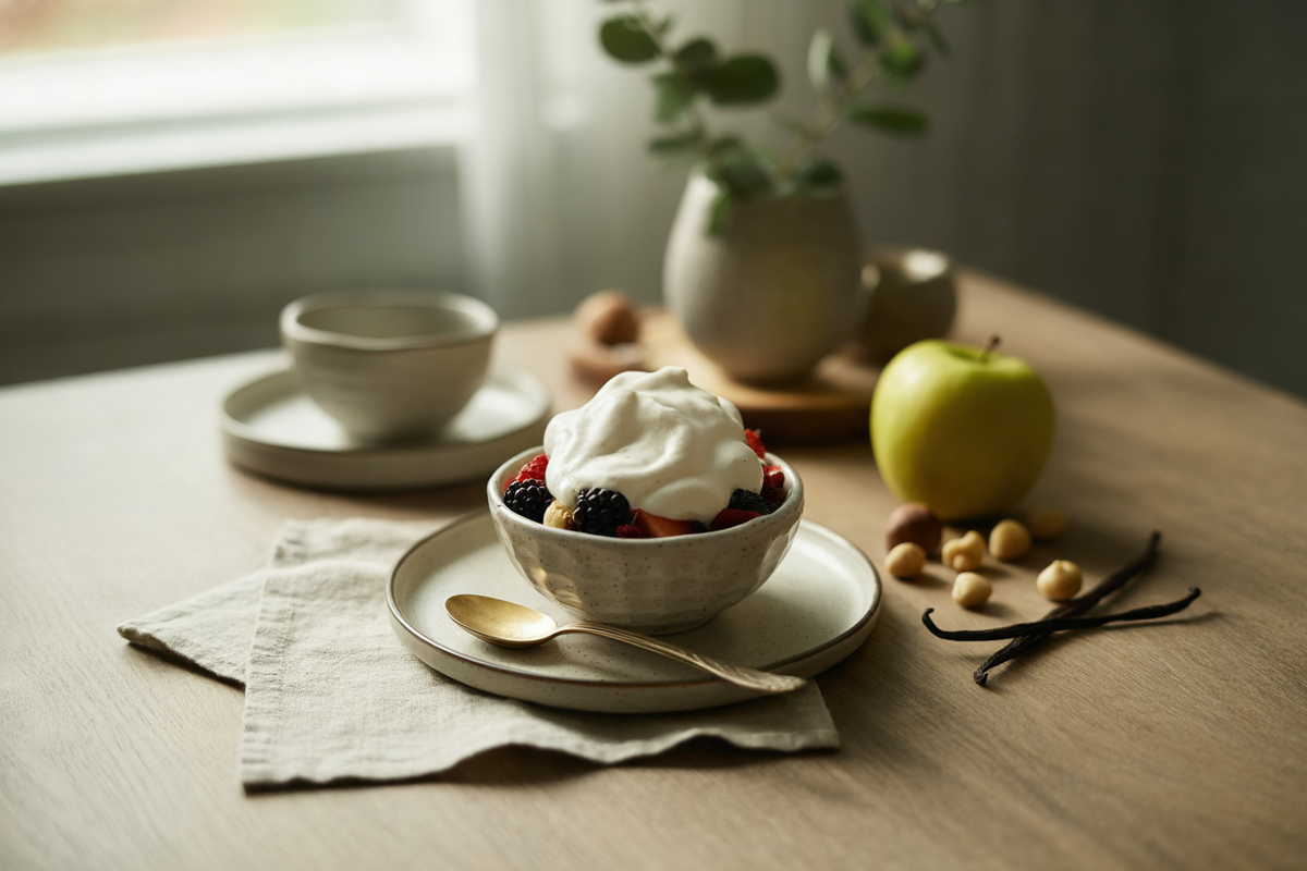 Raw non-dairy whipped cream over berries