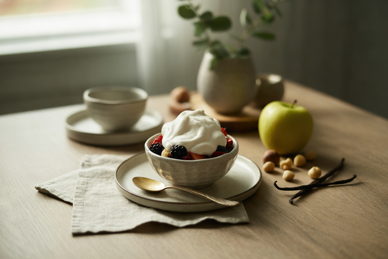 Raw non-dairy whipped cream over berries
