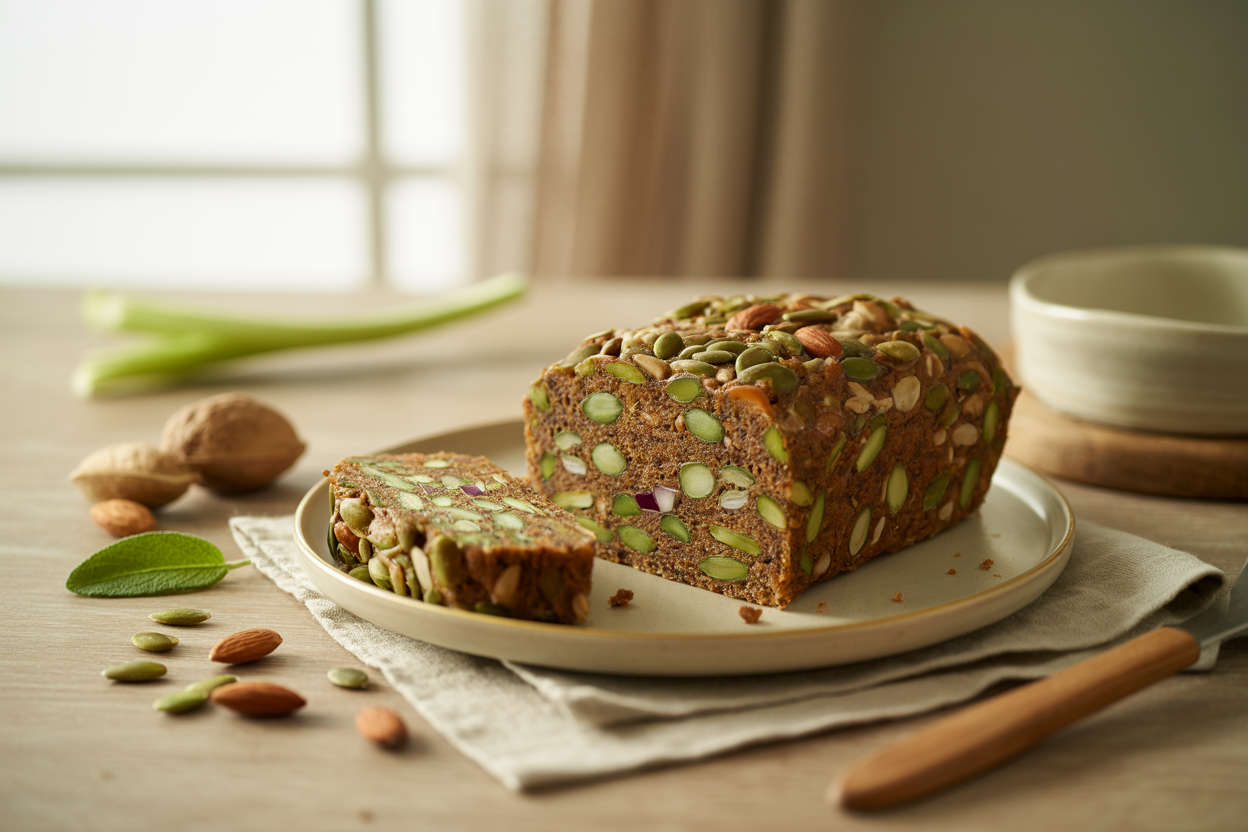 Raw nut loaf of almonds, sunflower and pumpkin seeds with herbs, sliced