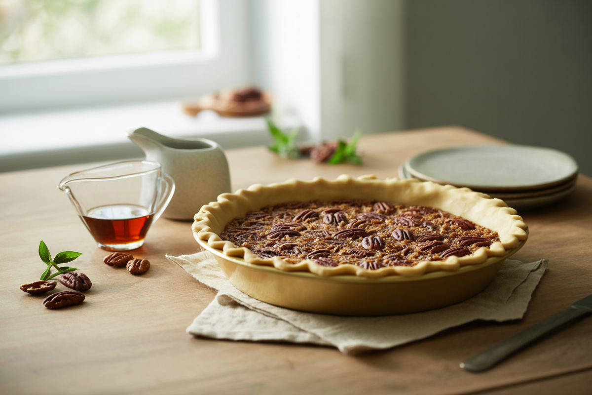 Raw pecan and maple pie crust pressed into a pie plate