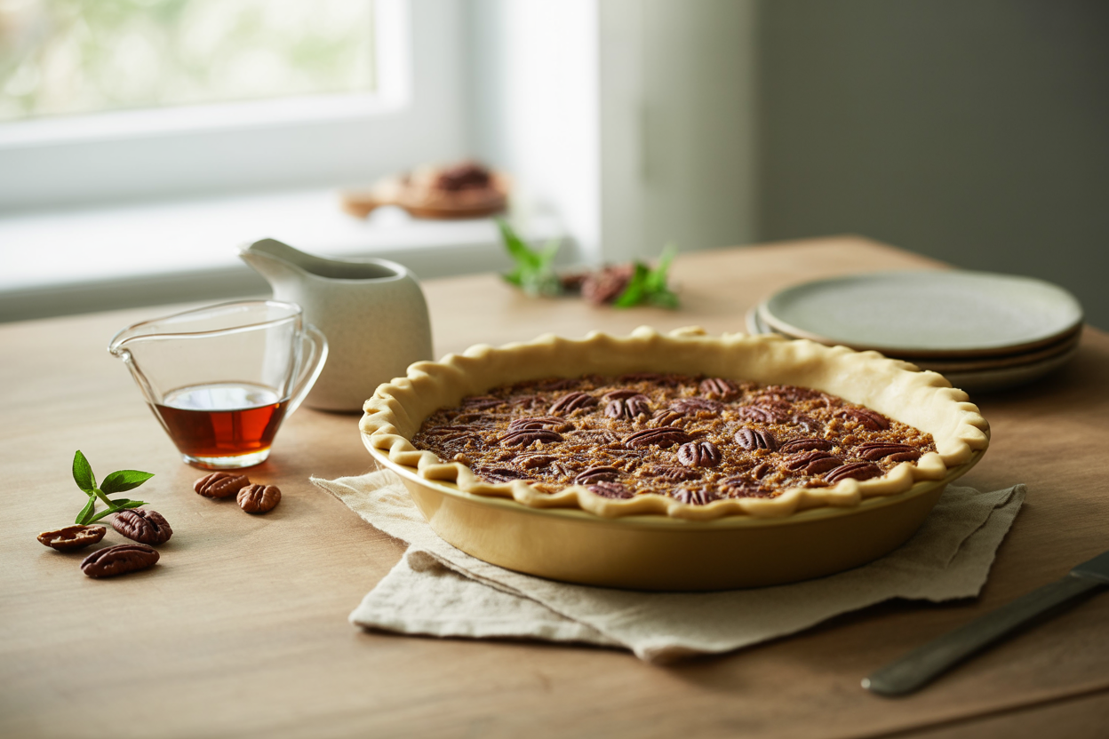 Raw pecan and maple pie crust pressed into a pie plate